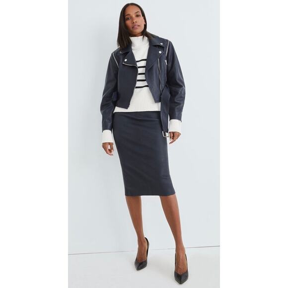 Veronica Beard Kaliyah Navy Leather Pencil Skirt - Picture 2 of 14